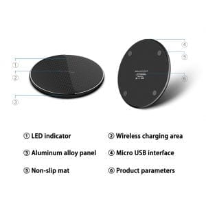 Black wireless charging pad with labeled features on a white background
