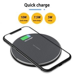 Wireless charger with smartphone on a white background, displaying quick charge speeds.