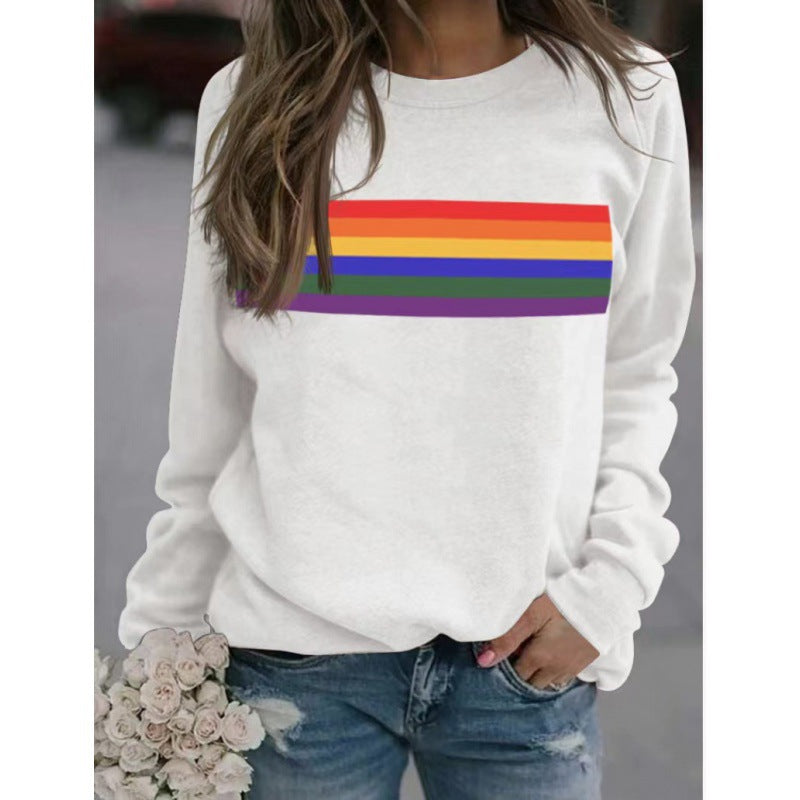Color Striped Print Round Neck Pullover Long Sleeve Sweater