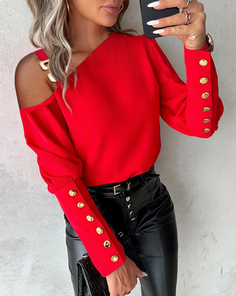 Fashion Lantern Sleeve Button Splicing Shirt Women Elegant Office Commuter O Neck Blouse Female Fall Spring Daily Casual Tops