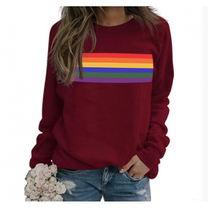 Color Striped Print Round Neck Pullover Long Sleeve Sweater