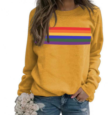 Color Striped Print Round Neck Pullover Long Sleeve Sweater