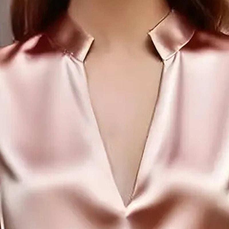 Women's Elegant V-Neck Long Sleeve Solid Color Satin Top Slim Fit Blouse For Office Party & Daily Wear