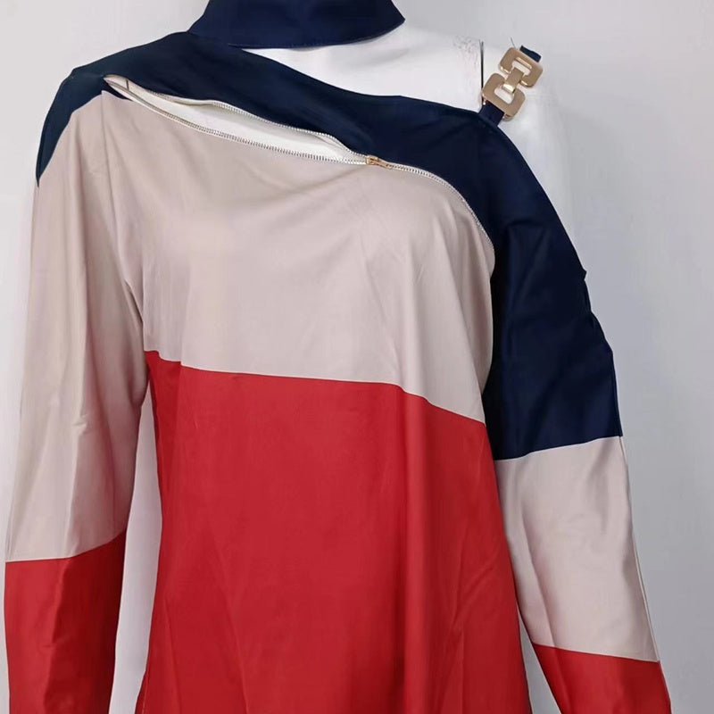 Women's Elegant Zip-Front Blouse, Button Detail Cold Shoulder Top With Color-Block Design For Layering