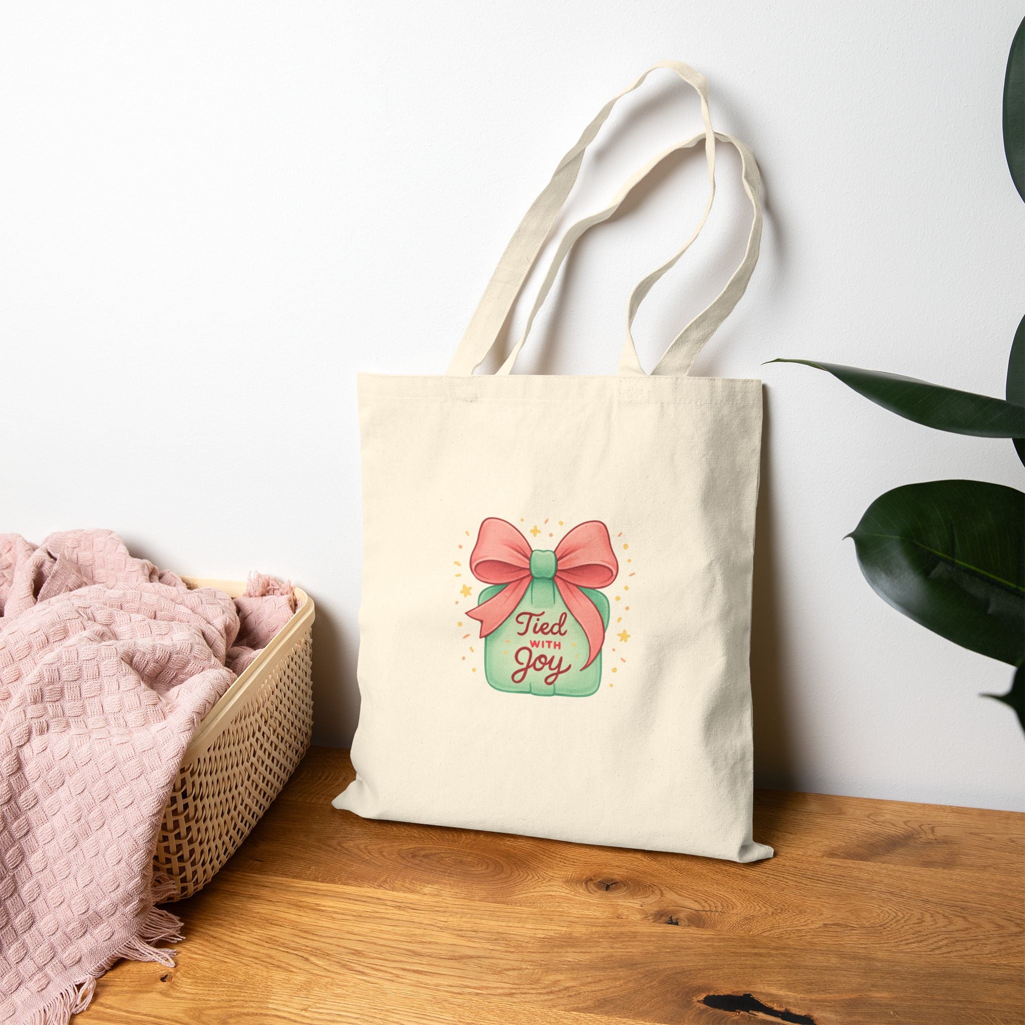 Filled With Joy tote bag | bow mason jar illustration, holiday spring motif