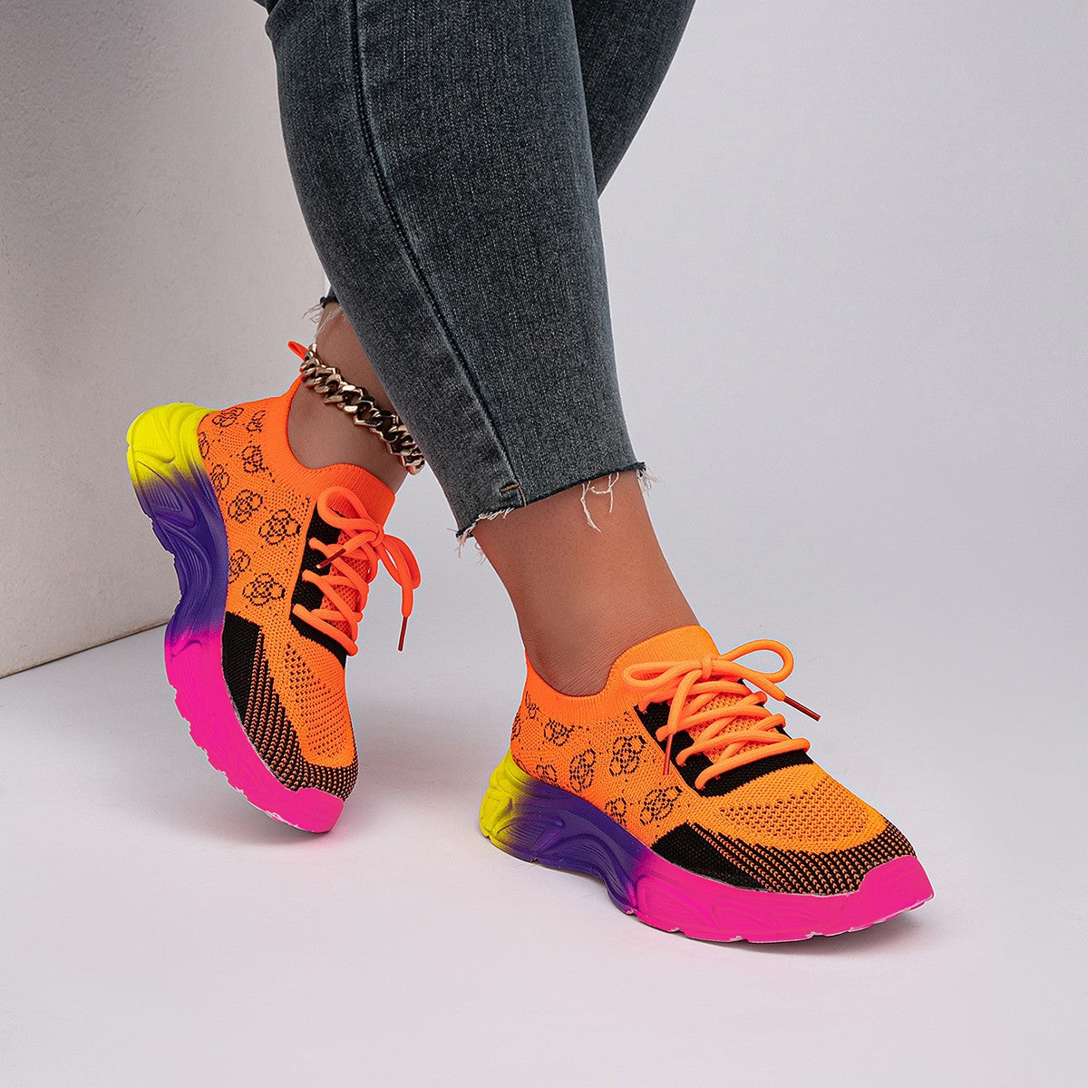 European And American-style Autumn Low-top Rainbow-soled Color-block Round-toe Flat Woven Athletic Shoes