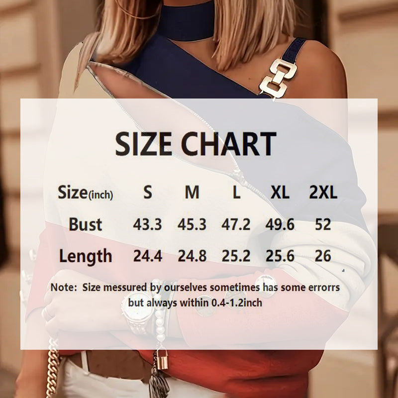 Women's Elegant Zip-Front Blouse, Button Detail Cold Shoulder Top With Color-Block Design For Layering