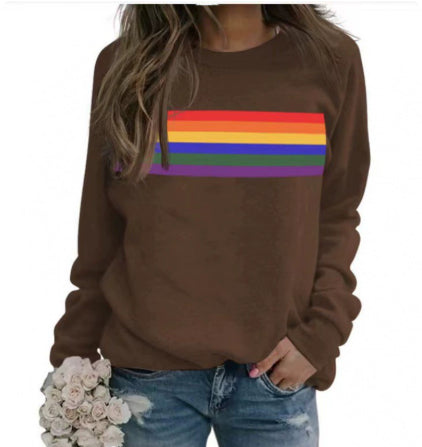 Color Striped Print Round Neck Pullover Long Sleeve Sweater