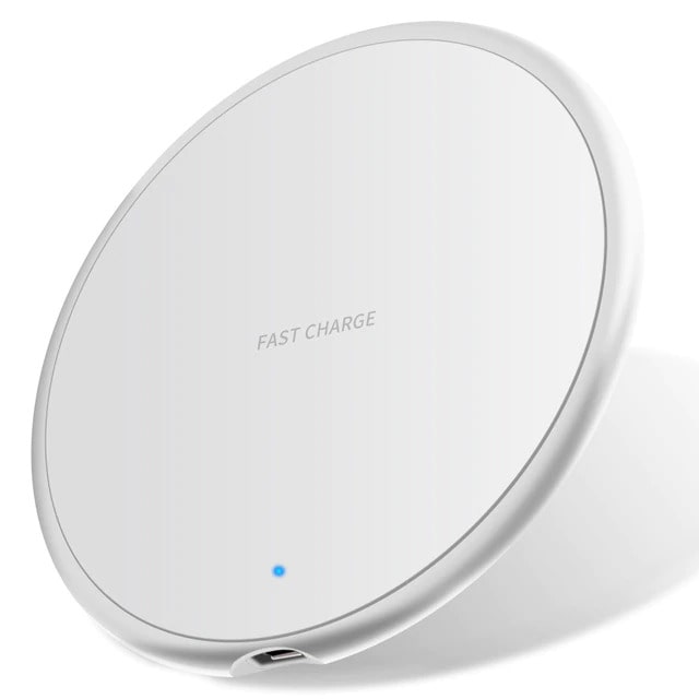 White wireless charging pad with 'Fast Charge' text on a white background