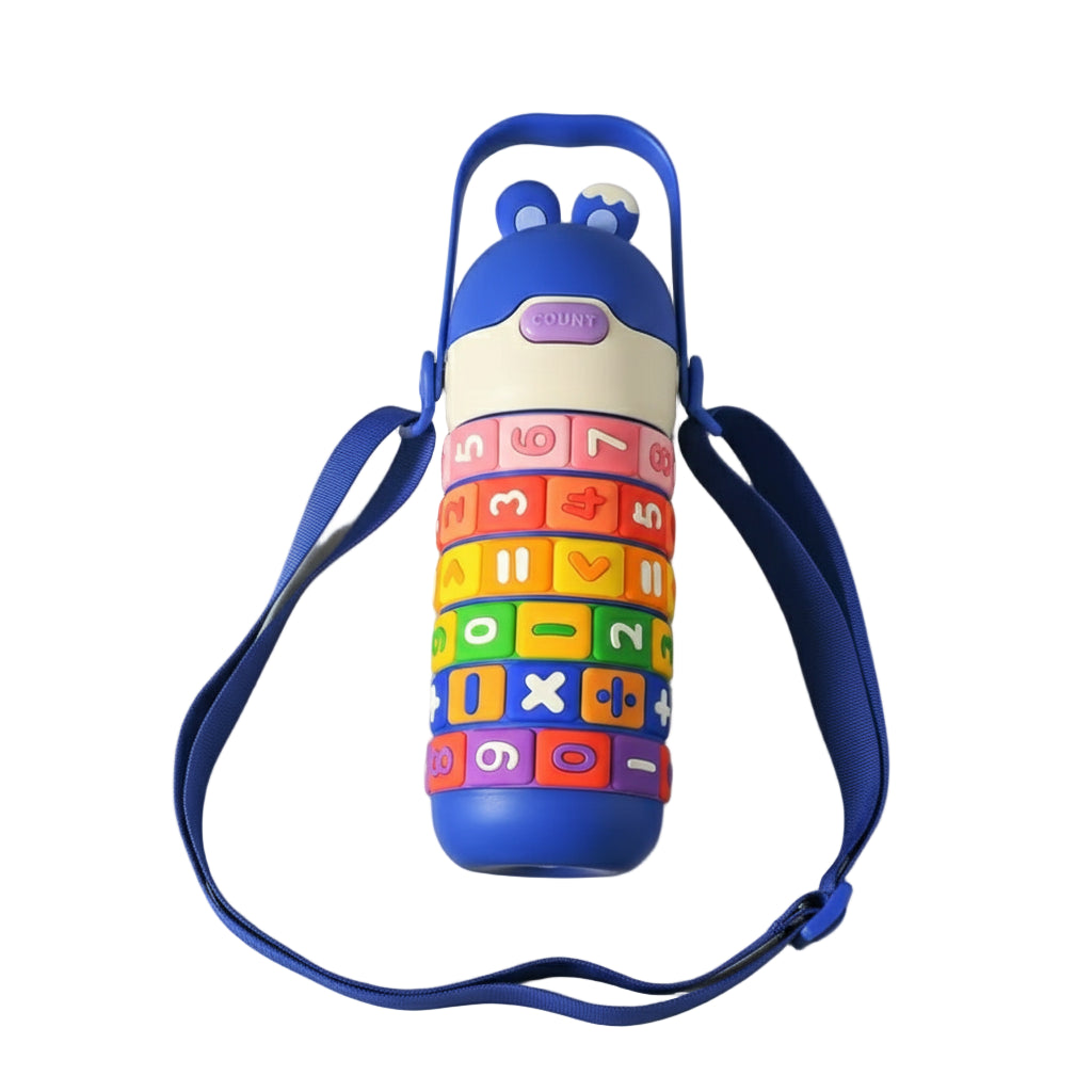 Colorful educational water bottle with number and letter designs on a blue background