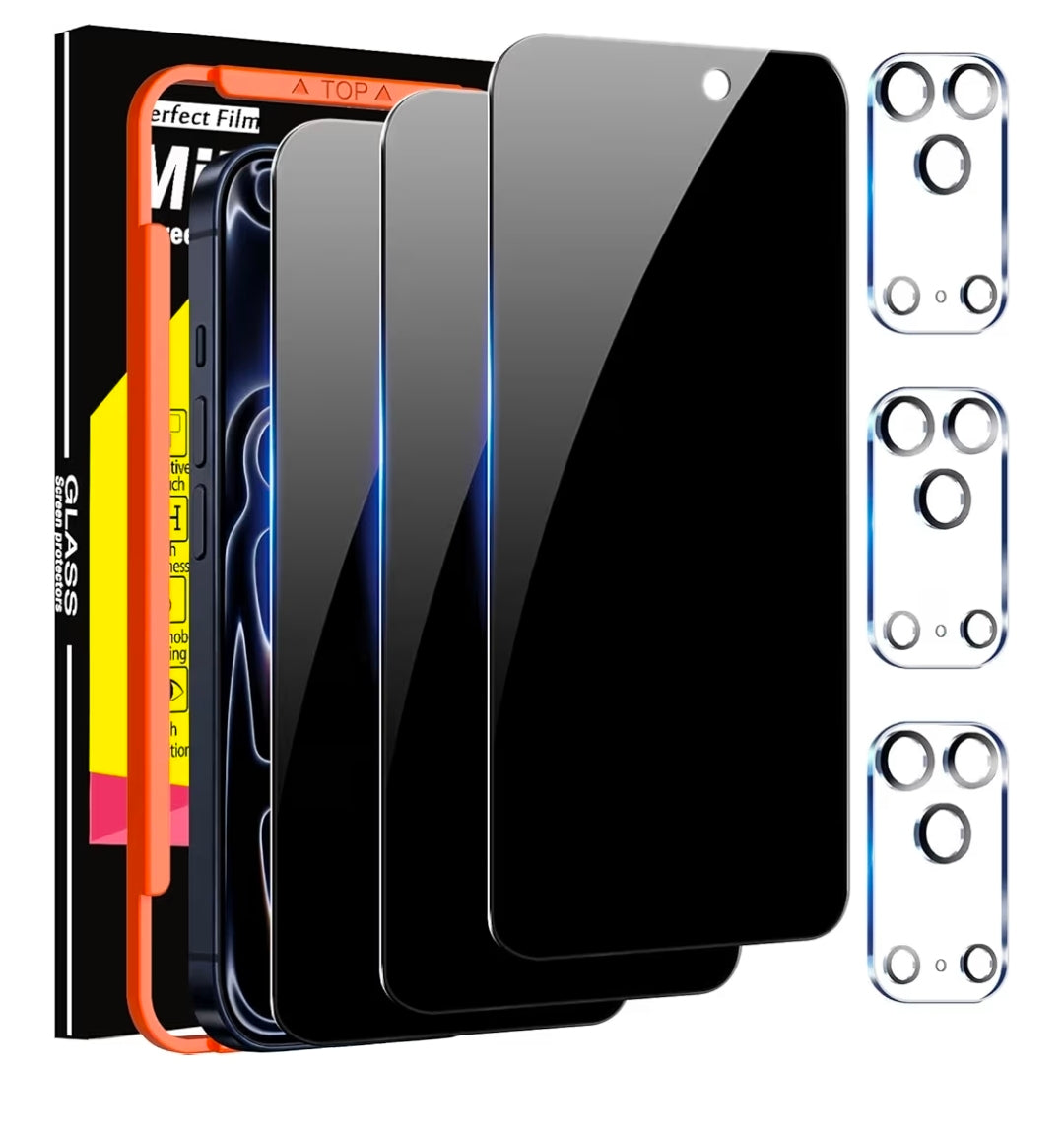 Set of phone screen protectors with packaging and camera lens protector on a white background