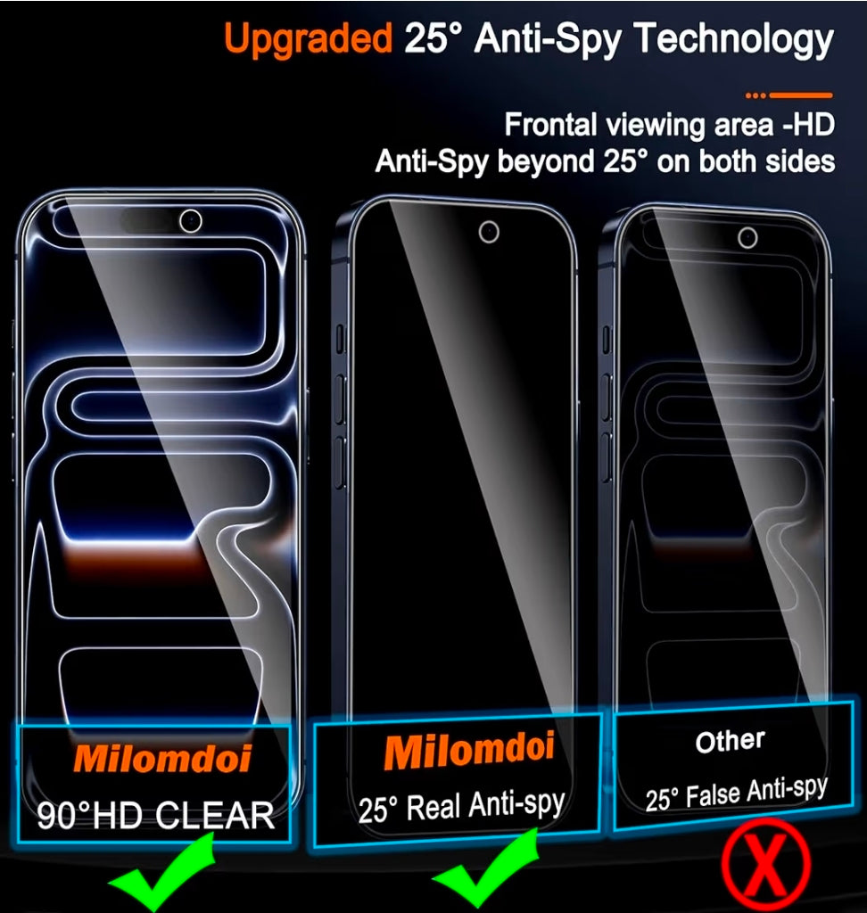 Comparison of Milomdoi anti-spy technology with other brands on a smartphone screen.