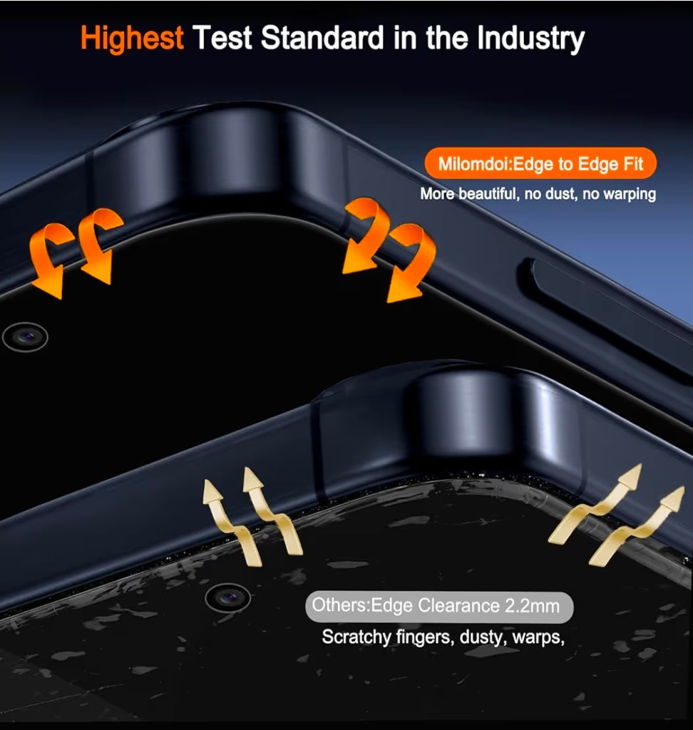 Close-up of a phone case with text highlighting 'Edge to Edge Fit' and 'Highest Test Standard in the Industry'.